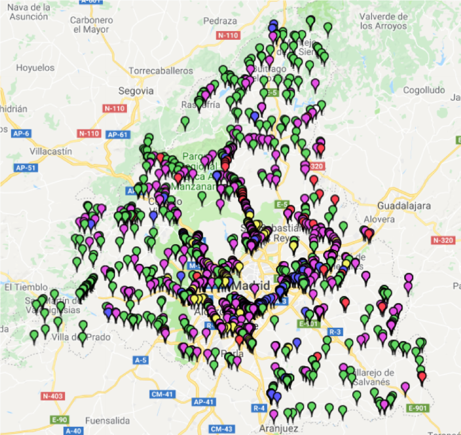 Figure 1.1.4.5 : Localisation des ouvrages d’arts en cours d'entretien dans la région de Madrid